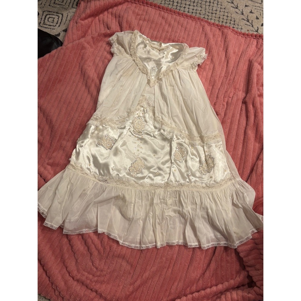 Poussin Vintage Christening Gown White Lace Sequin Satin Baptism Dress Baby